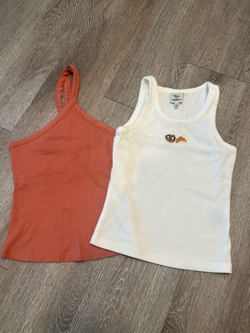 White Ribbed Tank with Pretzel Patch + Rust One-Shoulder Ribbed Tank